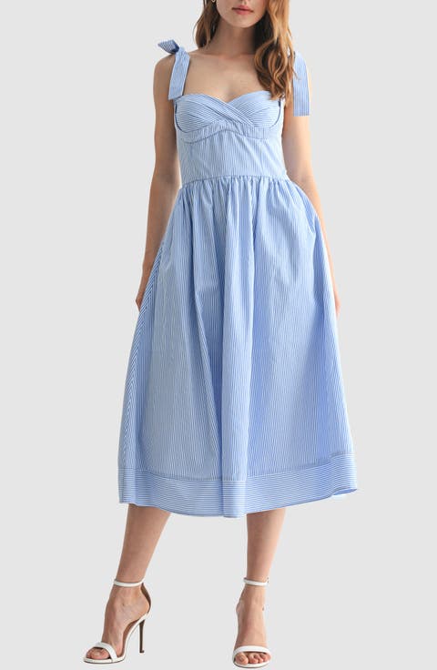 Stripe Tie Strap Fit & Flare Midi Dress