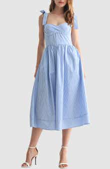 Lush Stripe Tie Strap Fit & Flare Midi Dress