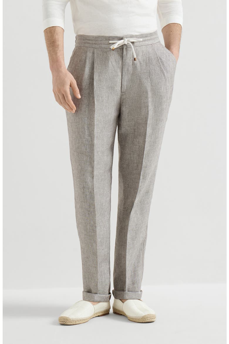 Linen and hemp diagonal trousers with drawstring and double pleats, Main, color, Light Grey
