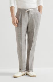 Brunello Cucinelli Linen and hemp diagonal trousers with drawstring and double pleats
