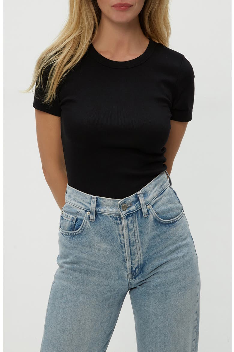 Rico Crewneck Strech Cotton Blend Rib T-Shirt, Main, color, BLACK