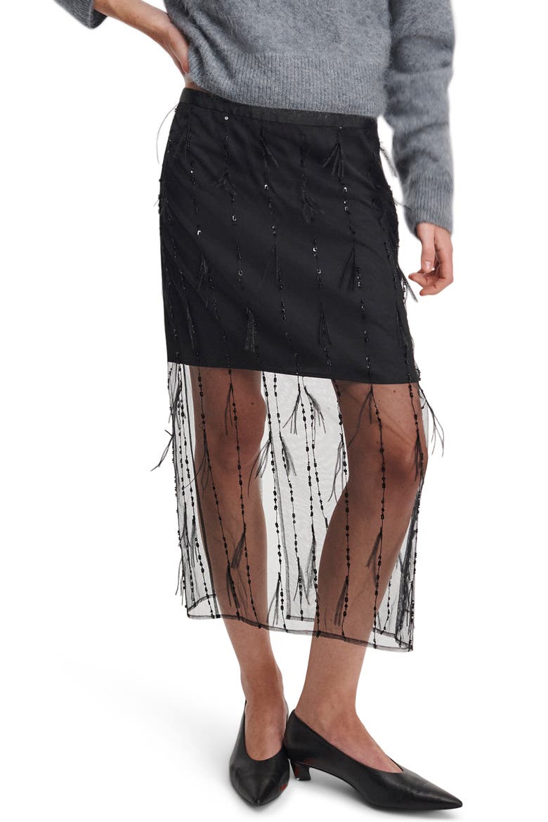 Geena Sequin and Ostrich Feather Midi Skirt, Main, color, BLACK