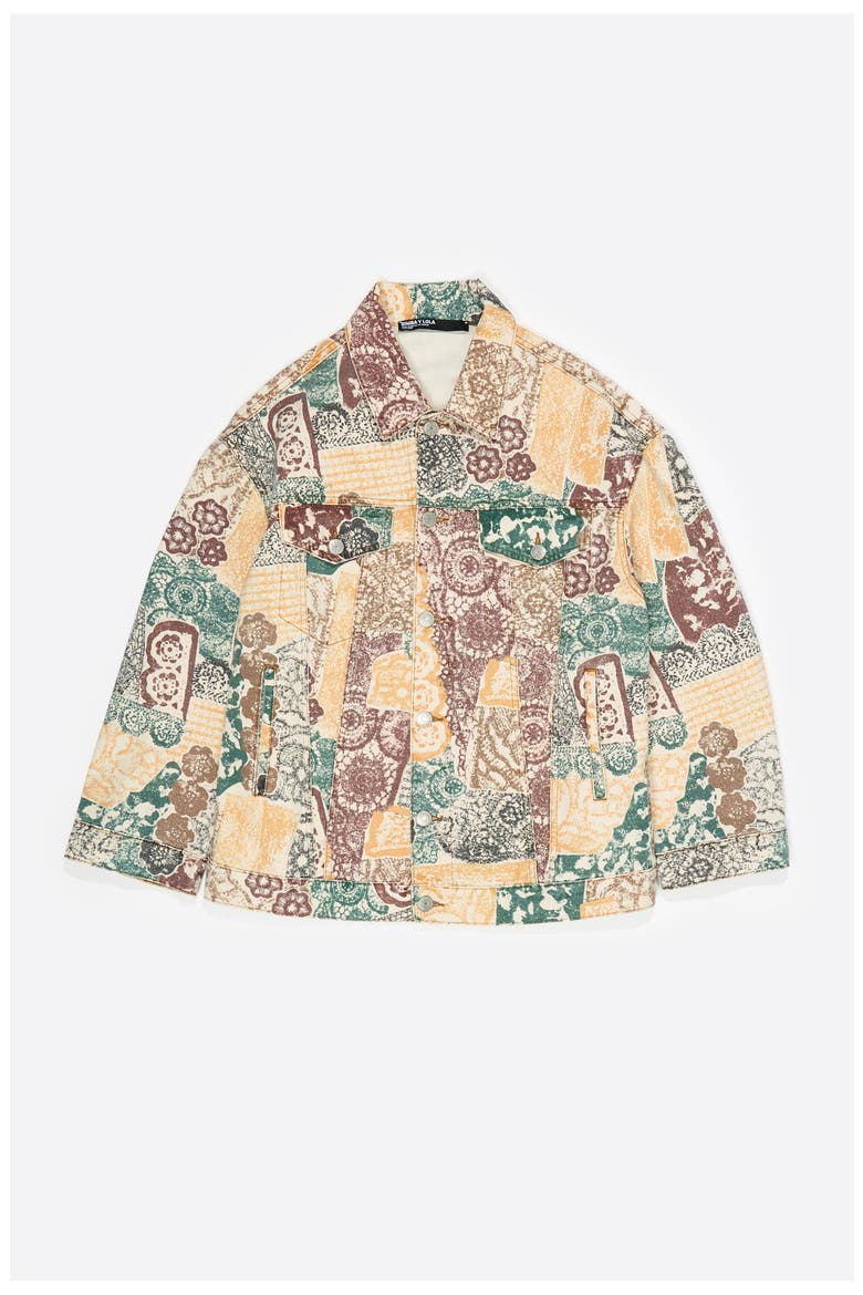 Oversize Print Denim Jacket, Alternate, color, LACE PRINT IVORY