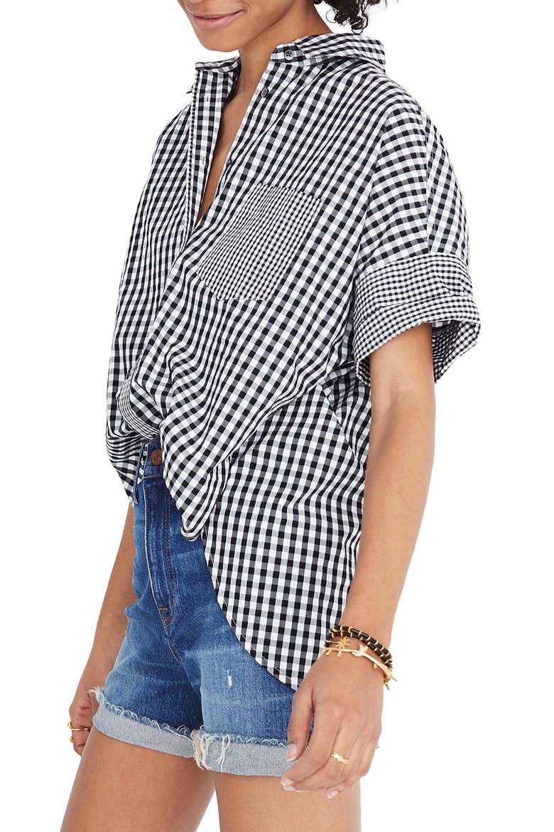 Gingham Play Button Down Shirt, Main, color, TRUE BLACK