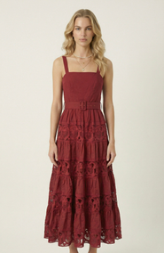 Modenaire Belted Tiered Lace Midi Dress