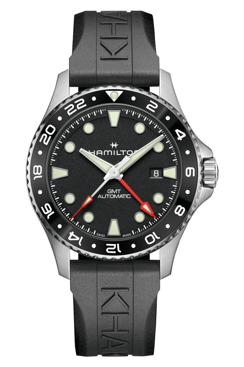 Khaki Navy Scuba GMT Automatic Rubber Strap Watch, 43mm, Main, color, BLACK