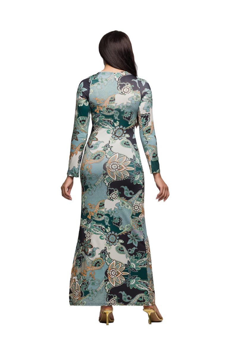 24seven Comfort Apparel Paisley Print Long Sleeve Side Slit Maxi Dress, Alternate, color, Green Multi