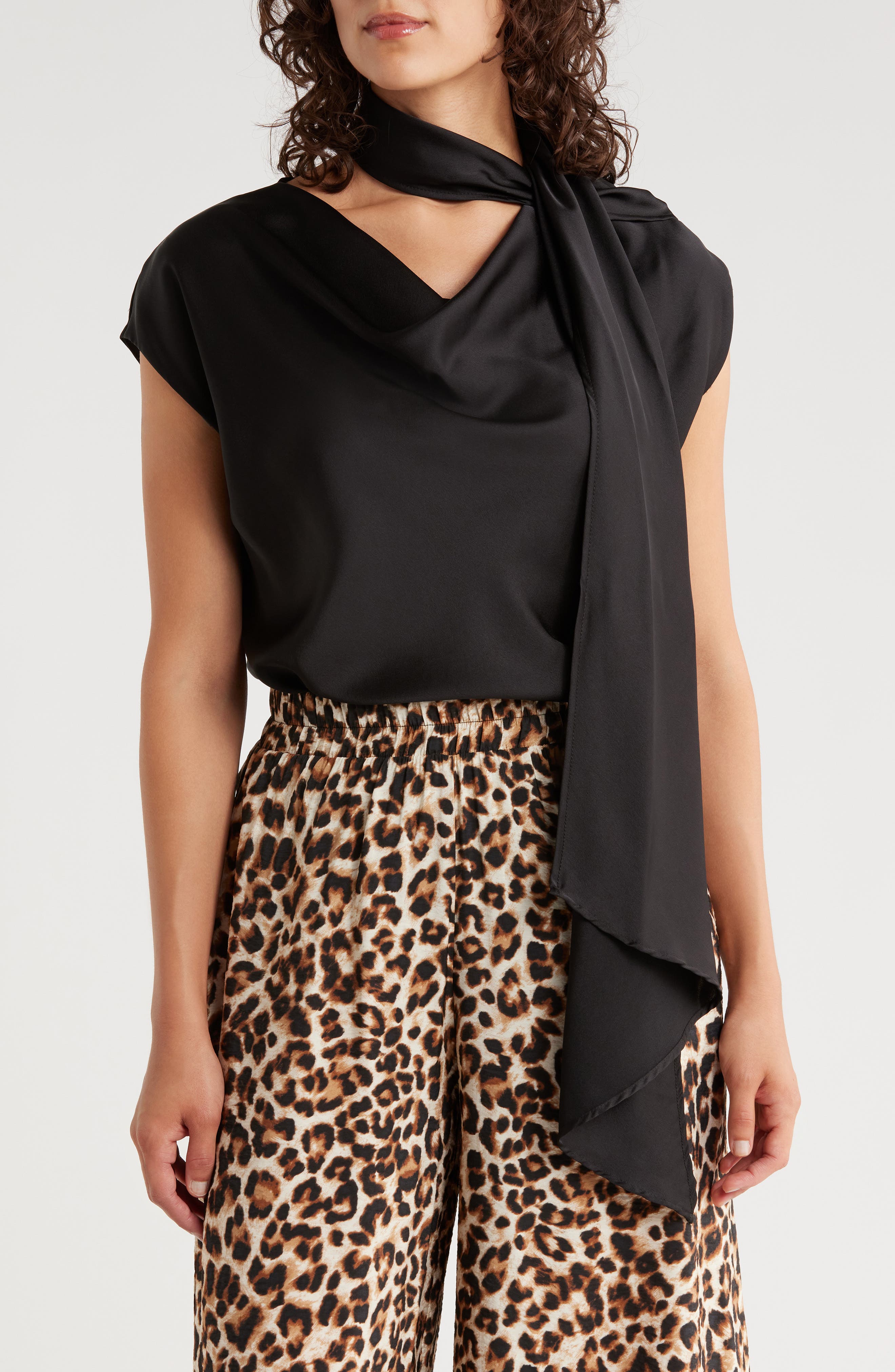 Renee C Cap Sleeve Satin Top with Scarf