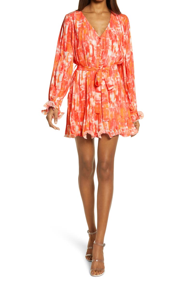 Watercolor Print Pleated Long Sleeve Fit & Flare Dress, Main, color, ORANGE