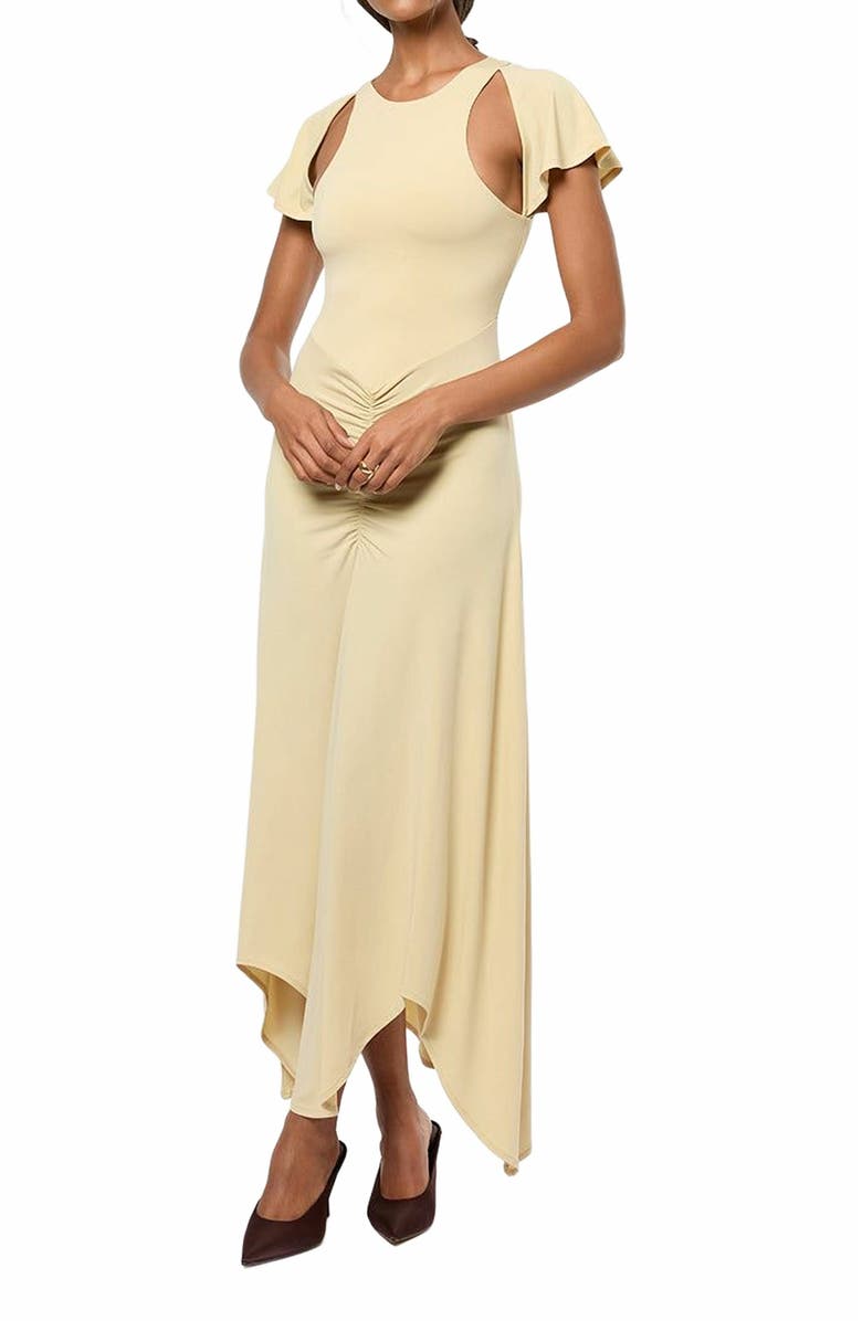 WeWoreWhat Ruched Cut Out Asymmetrical Midi Dress, Main, color,