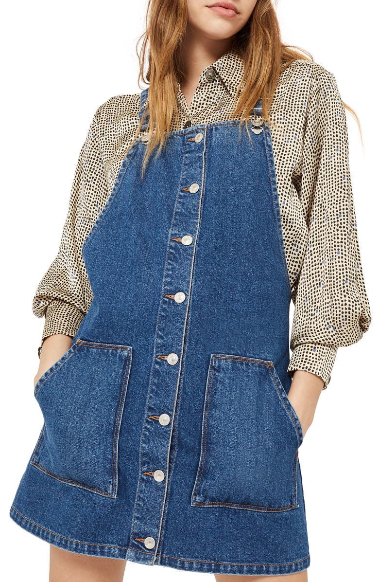 Topshop Button Through Denim Pinafore, Alternate, color,