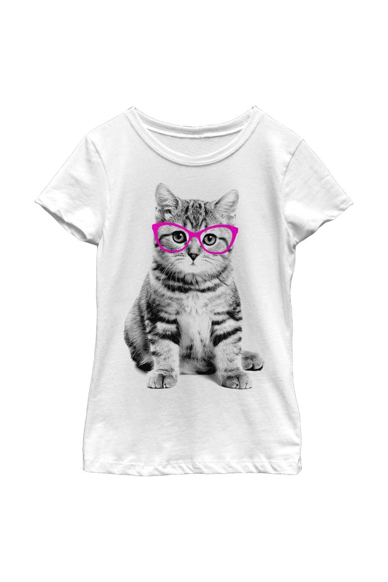 Girl's Lost Gods Fluffy Kitten in Pink Glasses  Graphic T-Shirt, Main, color, White