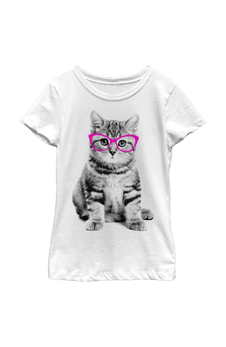 Lost Gods Girl's Lost Gods Fluffy Kitten in Pink Glasses Graphic T-Shirt, Main, color, White