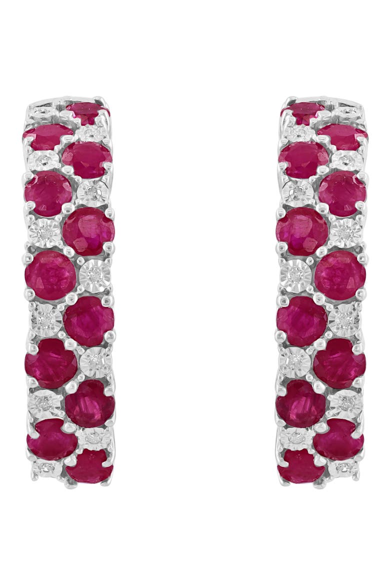 Sterling Silver Ruby & Diamond Hoop Earrings, Alternate, color, RED