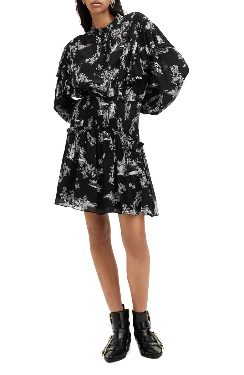 AllSaints Aubrey Pleated Long Sleeve Dress, Alternate, color, Maria Black