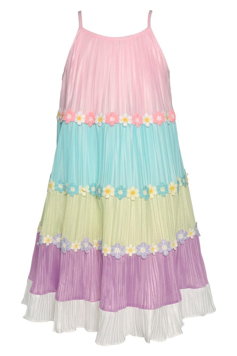 Kids' Colorblock Plissé Tiered Trapeze Dress, Main, color, PINK MULTI