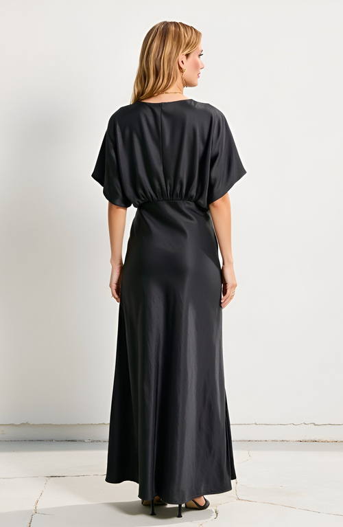 Modenaire V-neck Maxi Dress With Gathered Empire Waist And Flutter Sleeves In Black