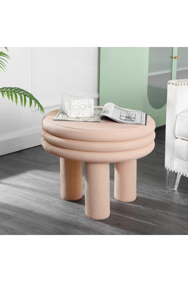Rashida Modern Round Polyresin Indoor/Outdoor Low Accent Coffee Table, Chunky Ribbed Tripod Base, All-Weather, Alternate, color, Pink Frosted