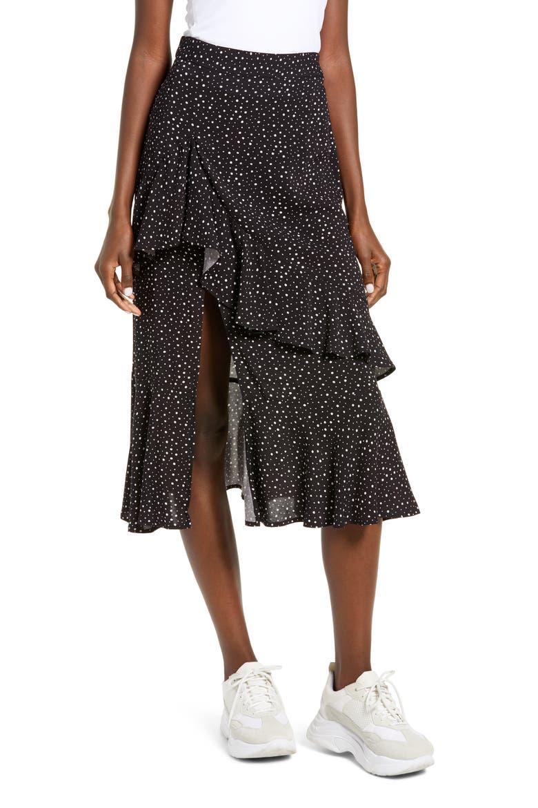 Polka Dot Ruffle Detail Skirt, Main, color, BLACK/ IVORY