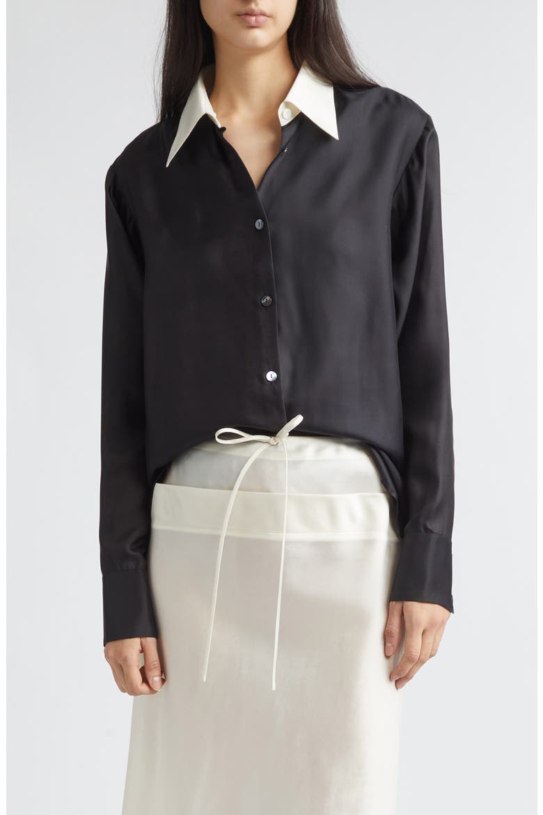 Chiu Contrast Collar Satin Button-Up Shirt, Main, color, BLACK