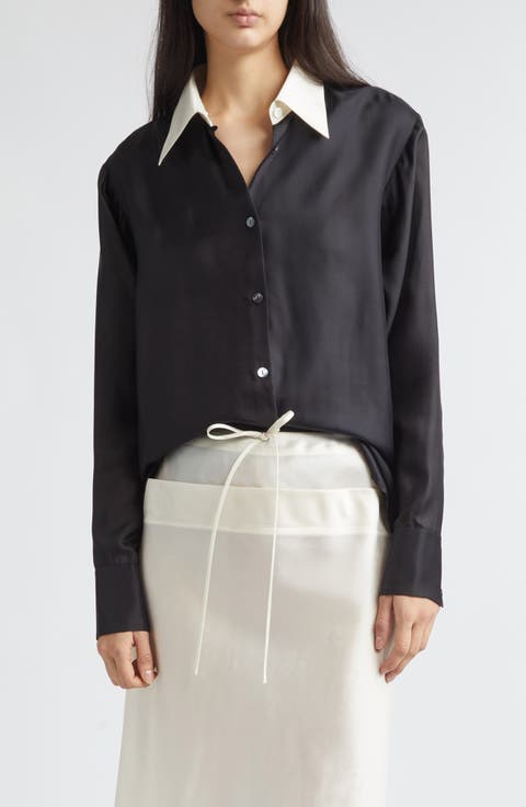 Chiu Contrast Collar Satin Button-Up Shirt