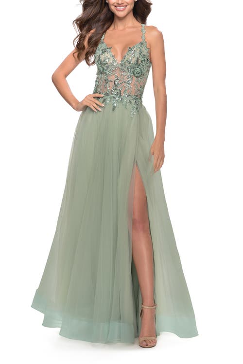 La Femme Tulle A-line Gown With Sheer Bodice And Beaded Lace Detail In Sage