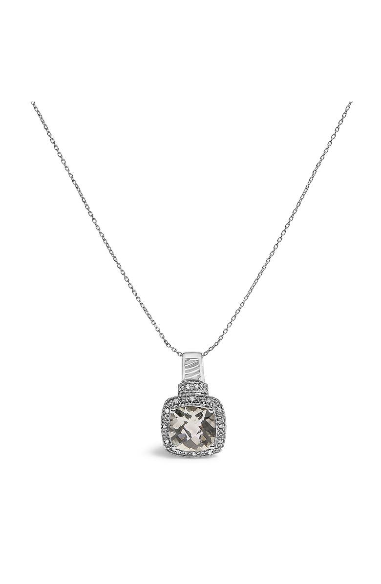 Haus of Brilliance Sterling Silver Cushion Gray Green Amethyst and Diamond Accent Halo Pendant Necklace, Main, color, Silver