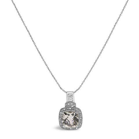 Sterling Silver Cushion Gray Green Amethyst and Diamond Accent Halo Pendant Necklace