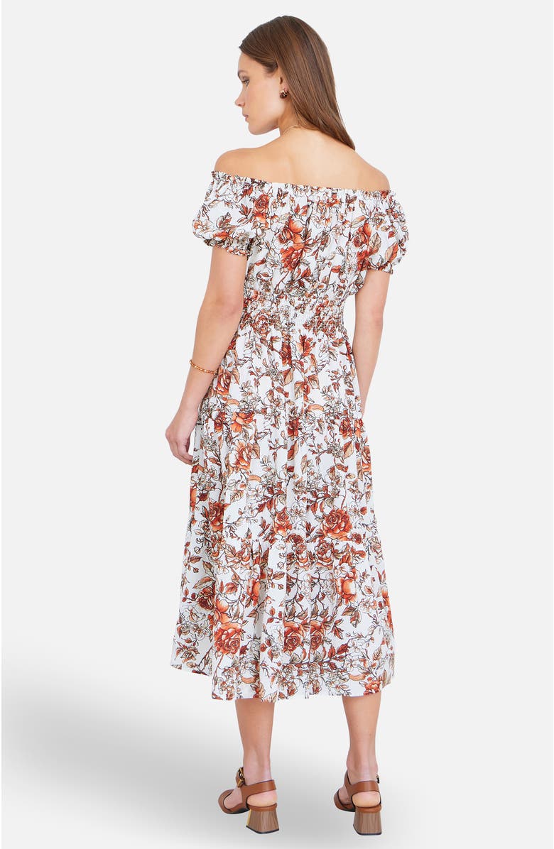 Yumi Floral Ruched Waist Midi Dress, Alternate, color, Orange