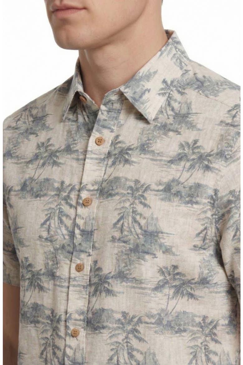 Beach Print Short Sleeve Linen & Cotton Blend Button-Up Shirt, Alternate, color, GREY
