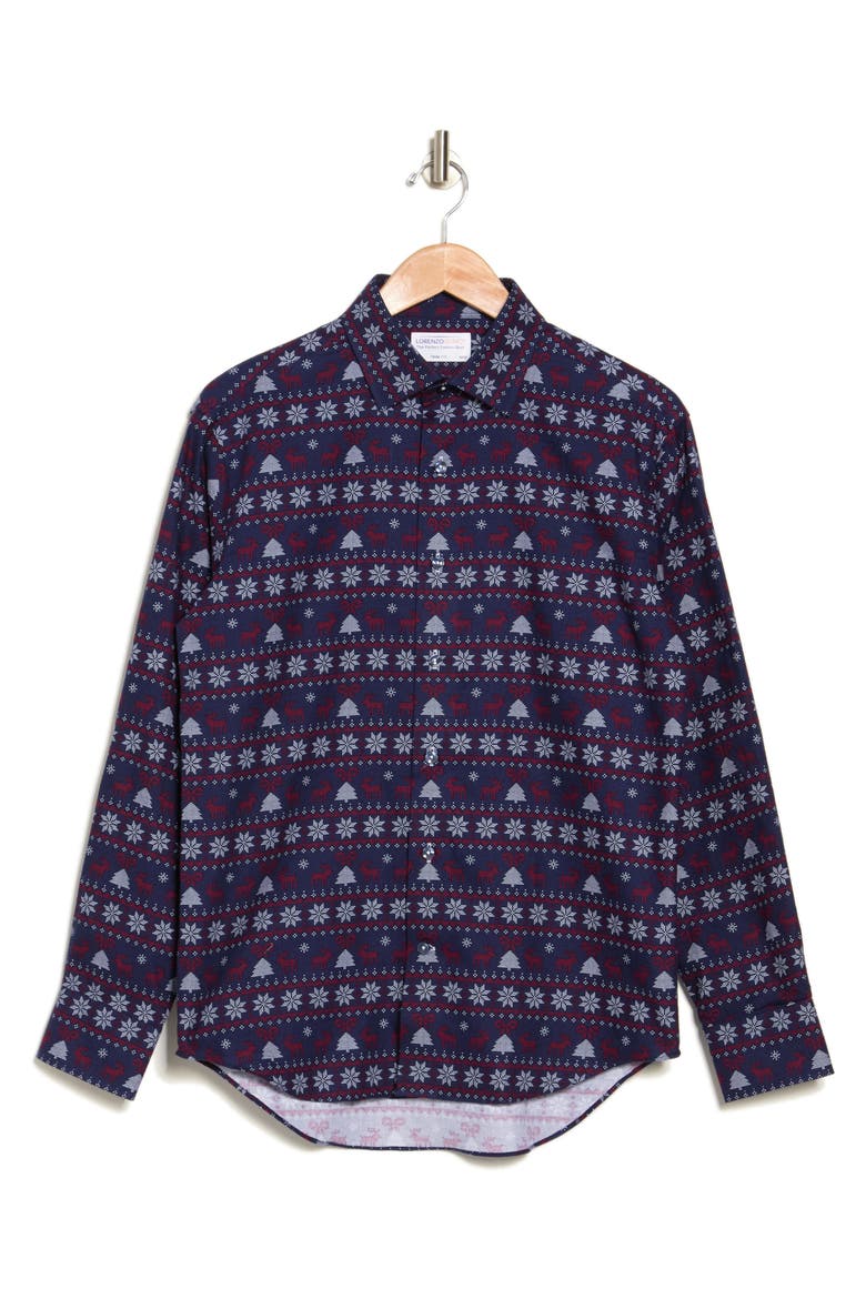 Holiday Print Button-Down Shirt, Alternate, color, NAVY/ RED