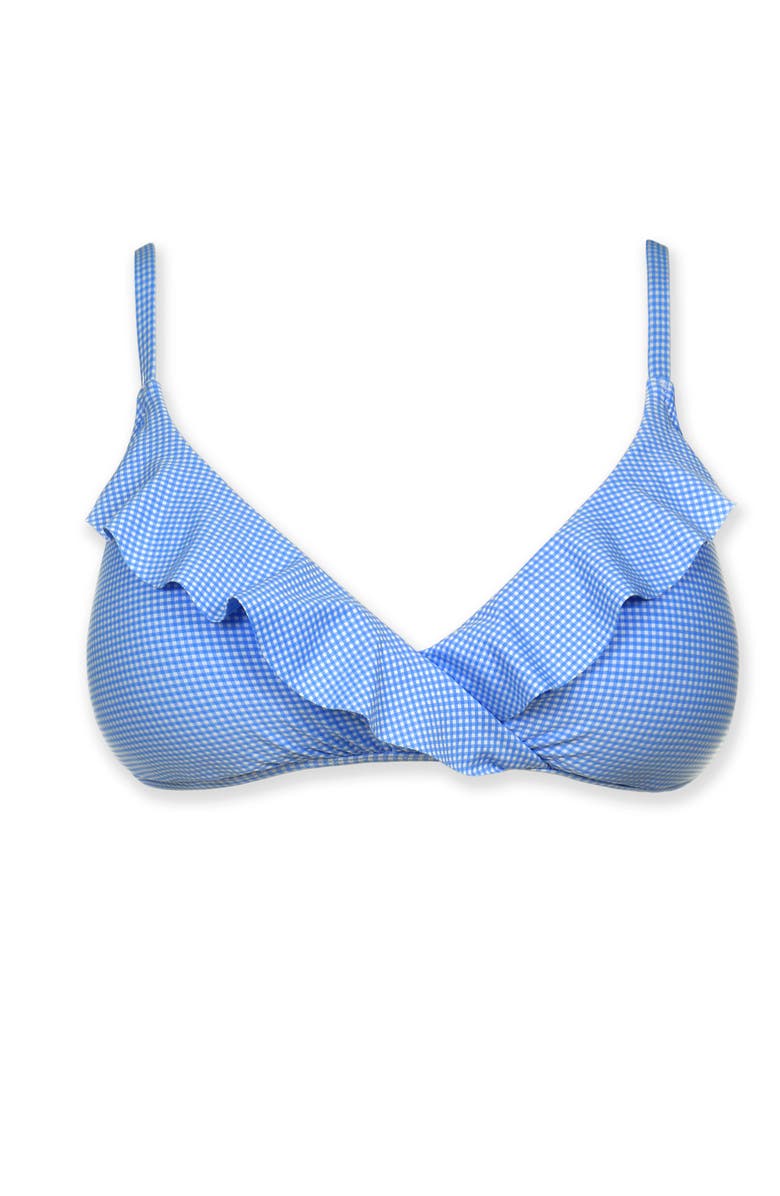 HELEN JON Ruffled Shirred Cross Over Bra, Alternate, color, Peri Gingham