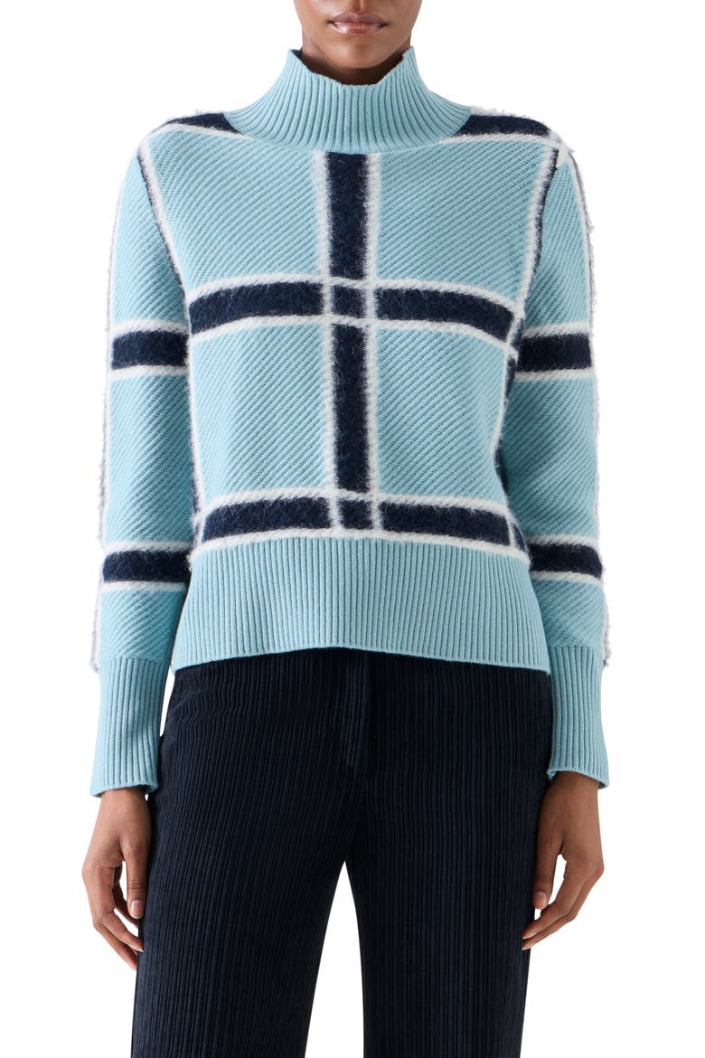 Intarsia Plaid Wool & Cashmere Sweater, Main, color, LIGHT BLUE-CREAM-NAVY