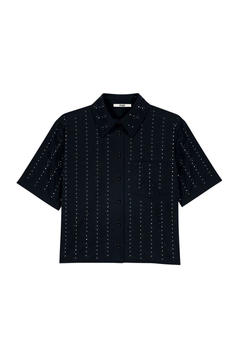 Cropped rhinestone cotton shirt, Alternate, color, Navy