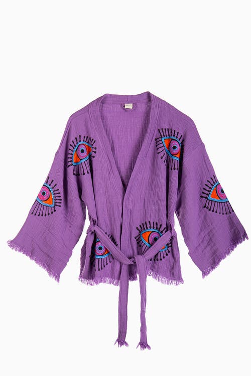 Forever & Always Shoes Sereia Evil Eye Handmade Cotton Short Kimono In Purple