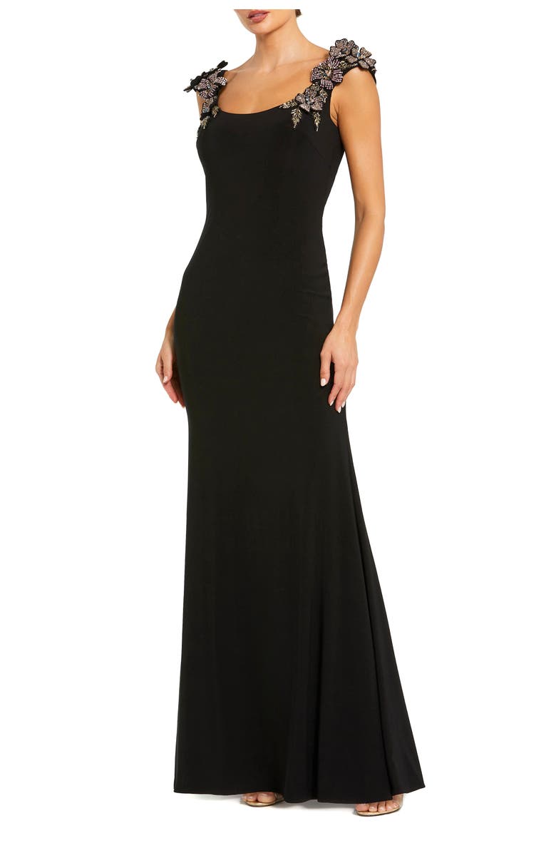 Mac Duggal Jersey Scoop Neck Gown with 3D Flower Details, Main, color, Black