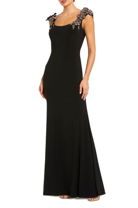 Jersey Scoop Neck Gown with 3D Flower Details