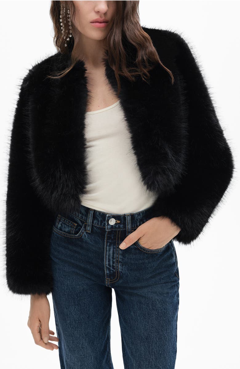 MANGO Boleta Faux Fur Crop Jacket, Main, color, Black