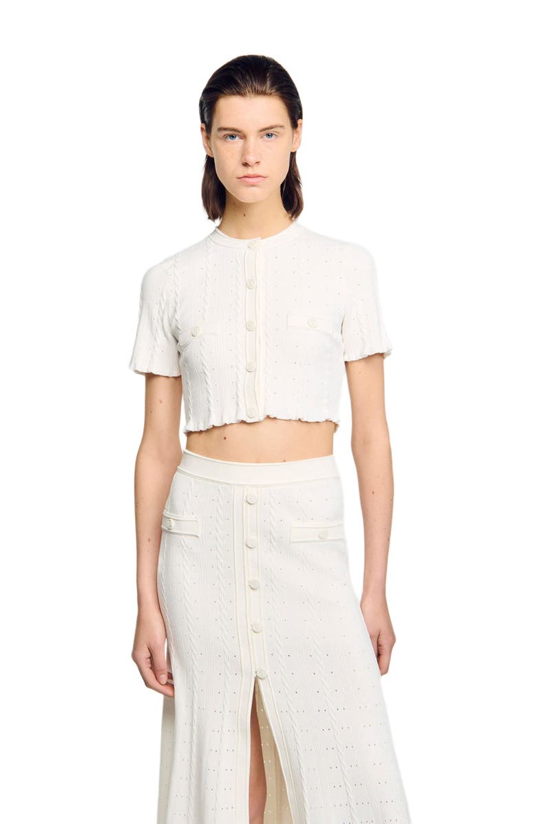 SANDRO Cropped pointelle knit cardigan, Alternate, color, Ecru