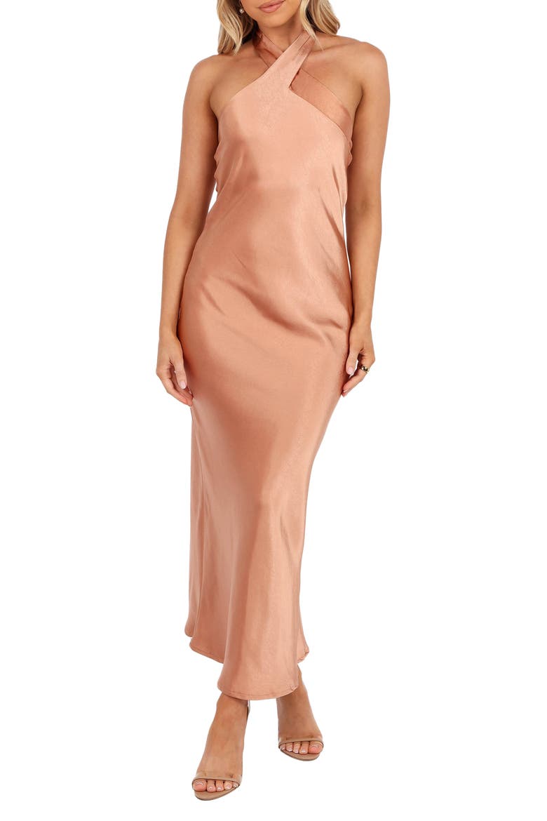Grasie Stretch Satin Halter Dress, Main, color, BRONZE