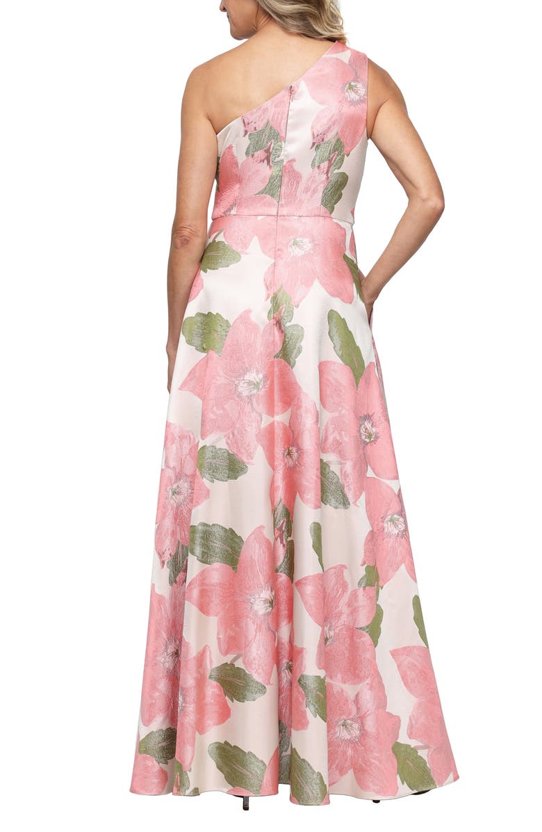 Alex Evenings Print Jacquard One-Shoulder Gown, Alternate, color, Coral