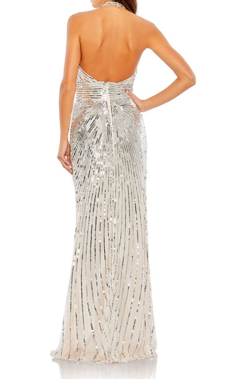 Mac Duggal Embellished Keyhole Halter Strap Draped Gown In Nude Silver