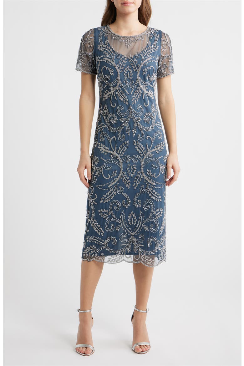 Embellished Illusion Neck Cocktail Dress, Main, color, GREY