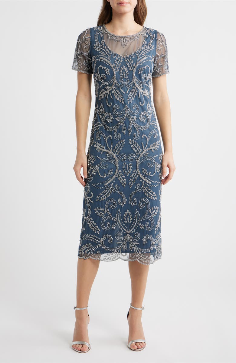 Pisarro Nights Embellished Illusion Neck Cocktail Dress, Main, color, Grey