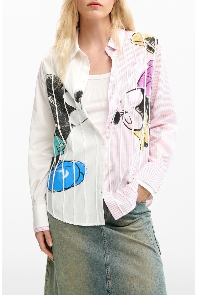 Mickey & Minnie Mouse Graphic Button-Up Shirt, Main, color, WHITE