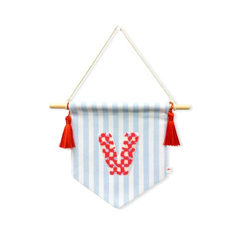 A B C' Blue Striped Create-Your-Own Banner with Red Tassels and Chenille Letter Patch