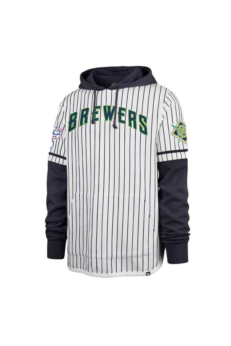 Men's '47 White Milwaukee Brewers Pinstripe Double Header Pullover Hoodie, Alternate, color, White