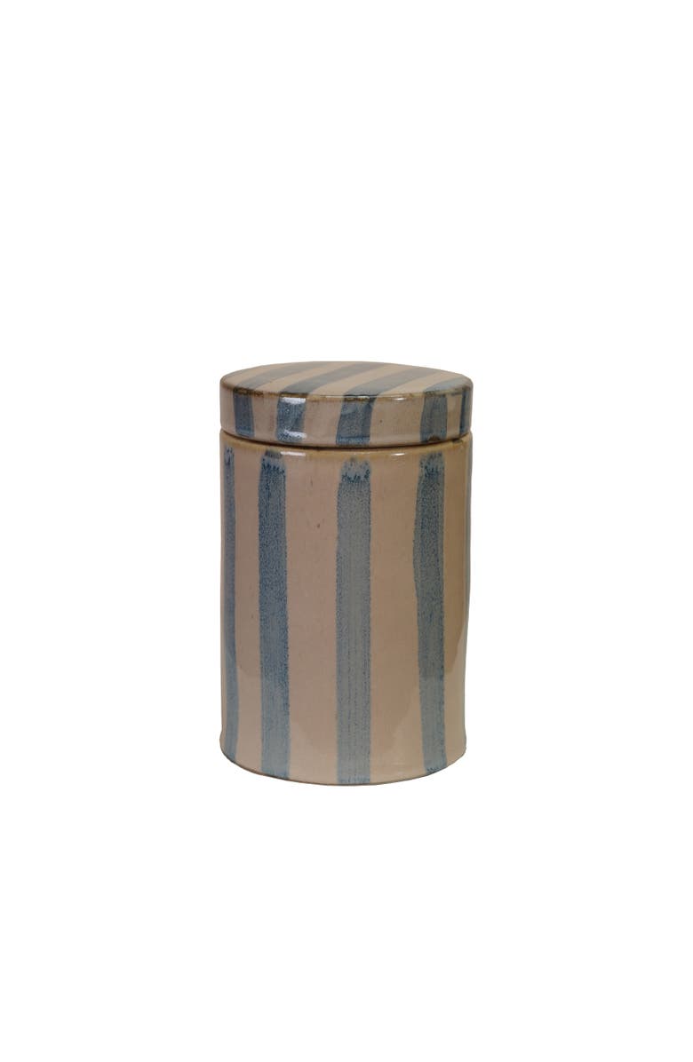 Storied Home Round Stoneware Striped Jar with Lid, Blue and White, Main, color, Blue