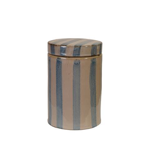 Round Stoneware Striped Jar with Lid, Blue and White