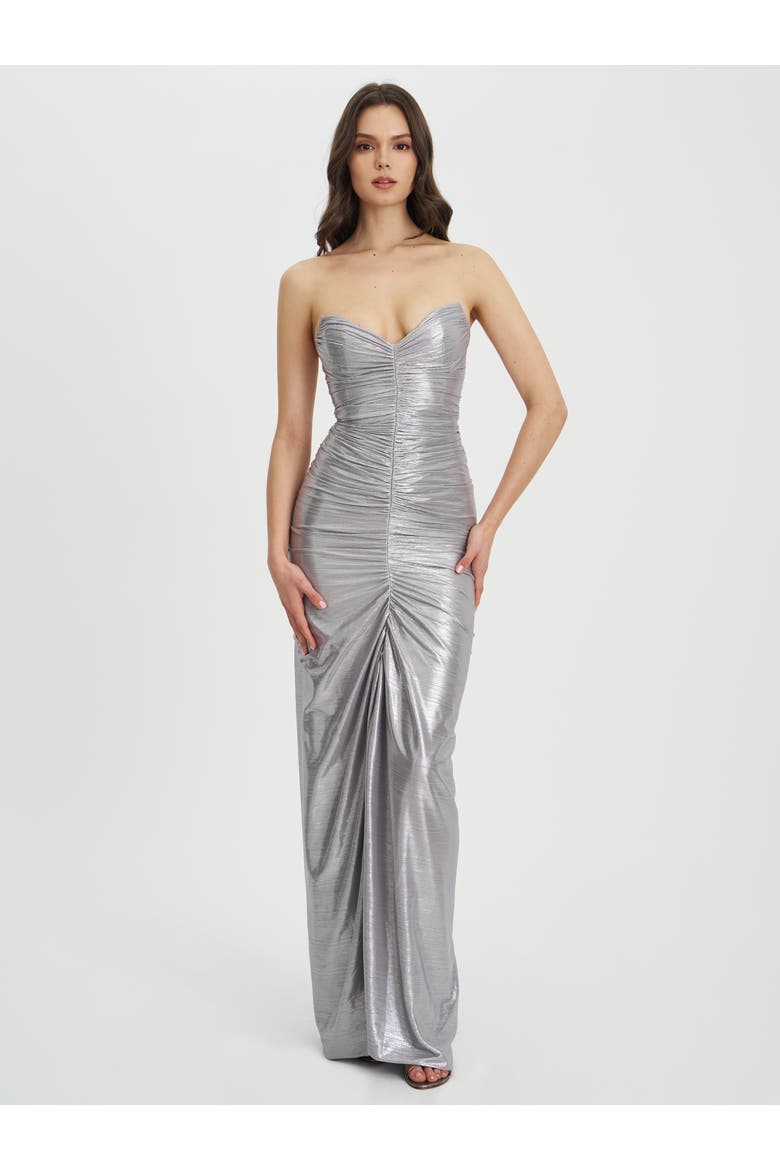 Sable Ruched Glitter Mermaid Gown, Alternate, color, Silver